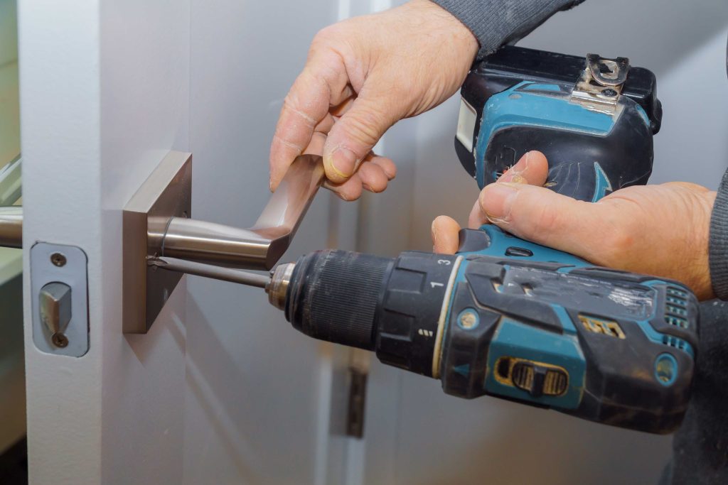 installation locked interior door woodworker hands install lock installation door lock compressed